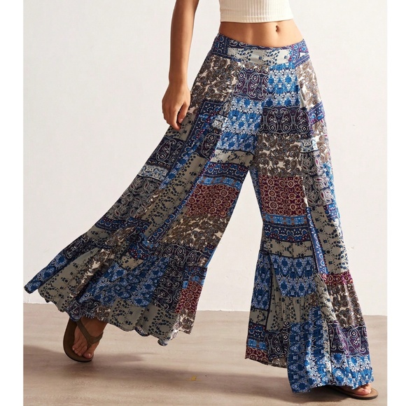 Boho Colorful Print Patchwork Wide leg Palazzo Pants - Picture 5 of 5